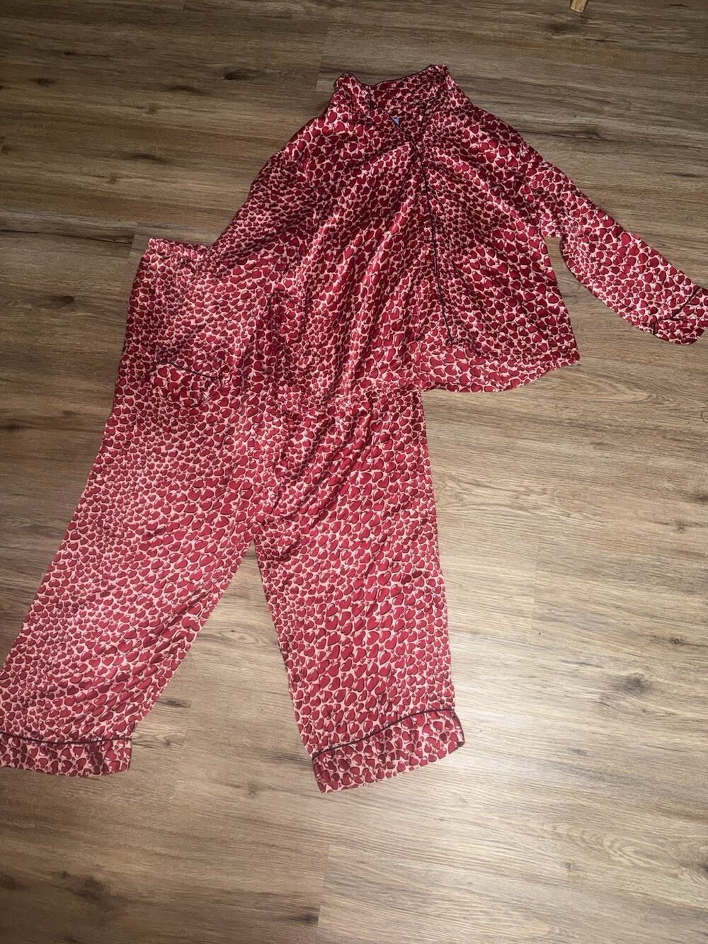 Nick & Nora 100% Silk 2 Piece Pajama Set Women’s XXL Red Heart Print Sleepwear